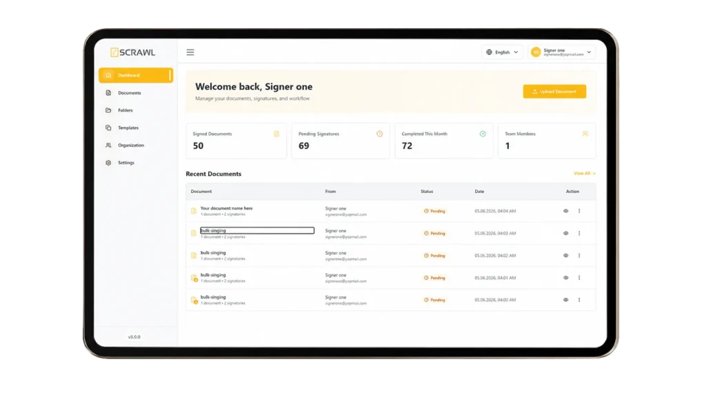 vScrawl e-signature features dashboard on a tablet